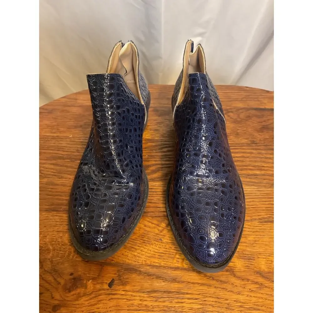 Women’s Navy Blue Croc Embossed Patent Ankle Booties US Size 7.5 EU 38 Back Zip